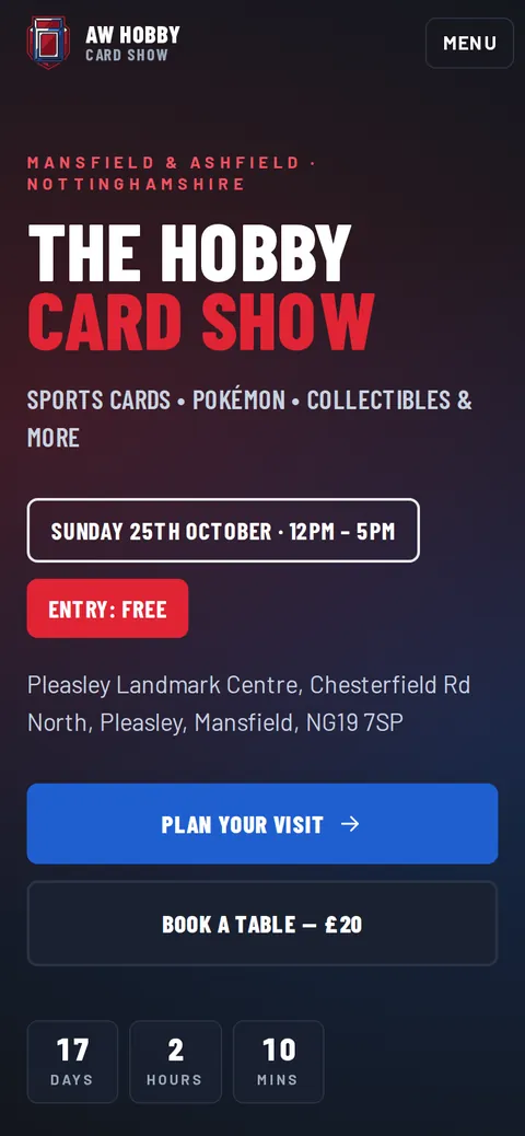 The AW Hobby Cards website on a phone