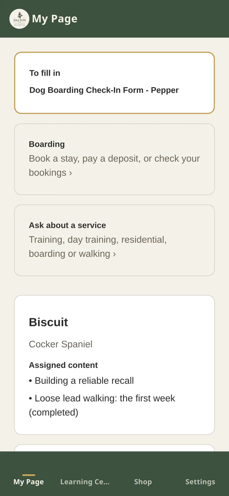 The owner’s home screen in the app with a form to fill in and their dog
