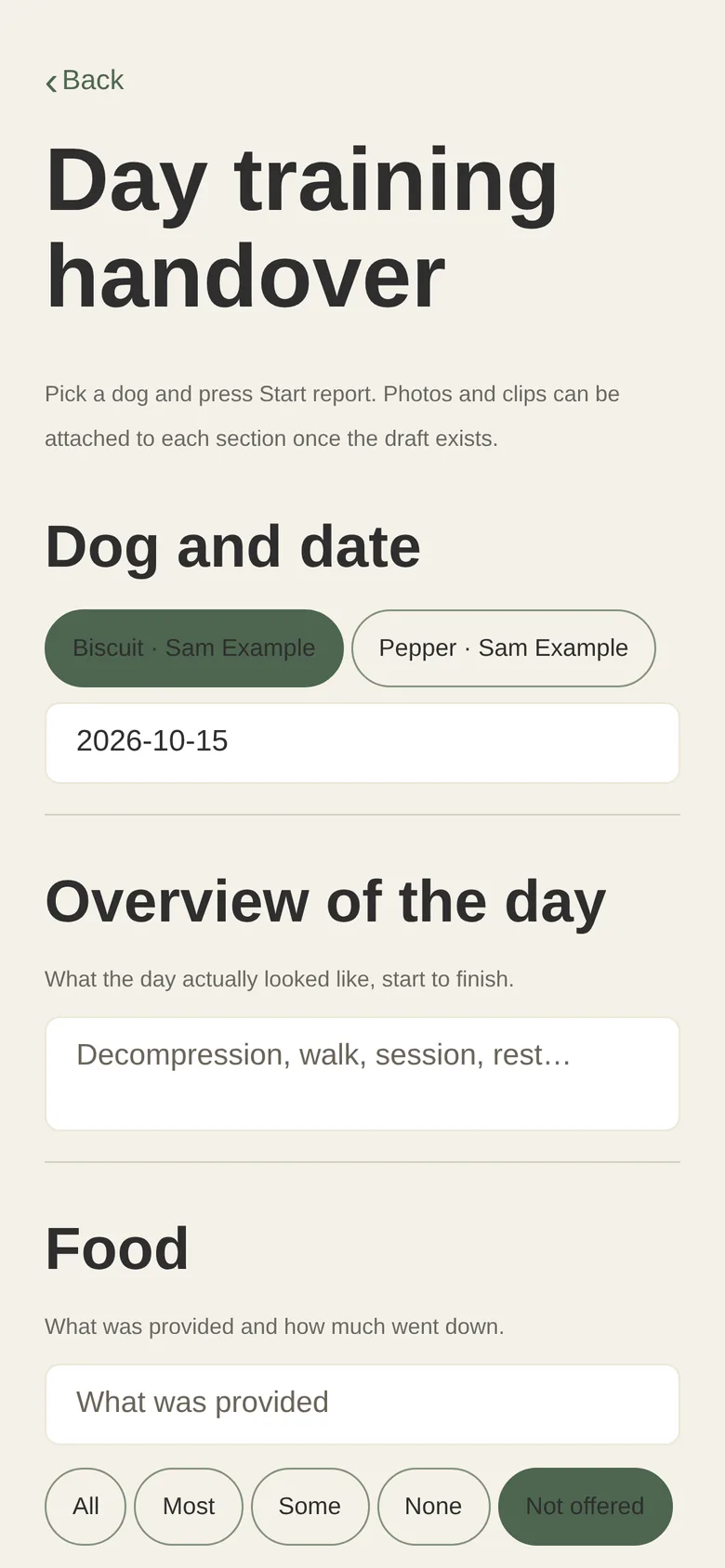 The staff screen for writing a dog’s day-training report