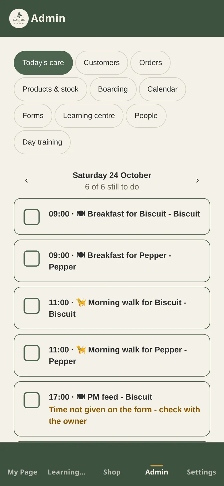 The staff checklist of feeds and walks for dogs staying