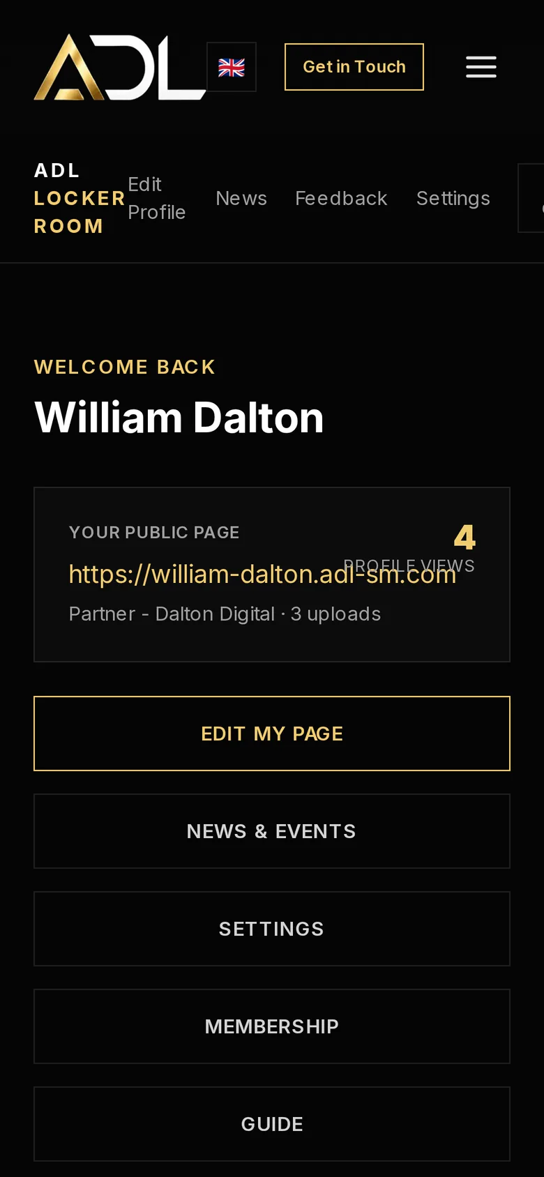 A player dashboard showing the player’s own web address and profile views