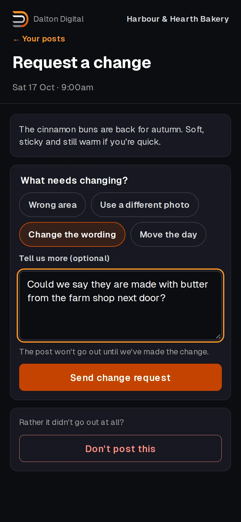 The request a change screen with reason buttons and a note