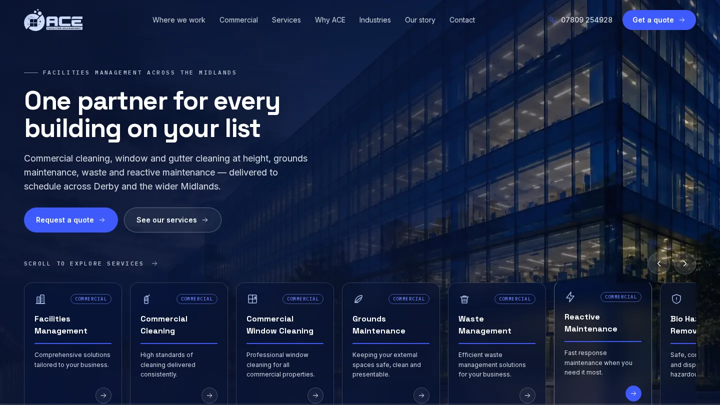 The ACE Facilities Management homepage, designed and built by Dalton Digital