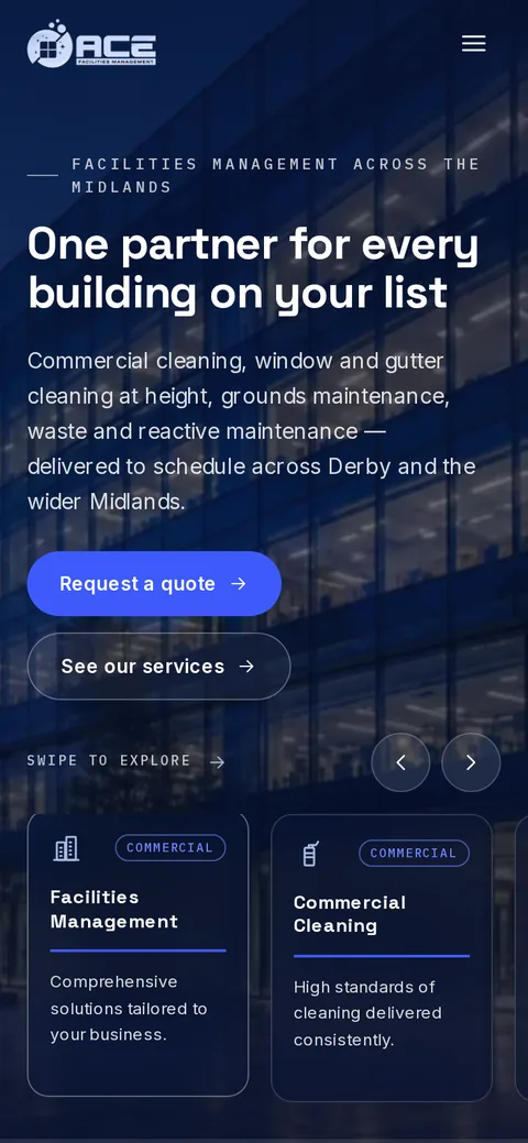 The ACE Facilities Management website on a phone
