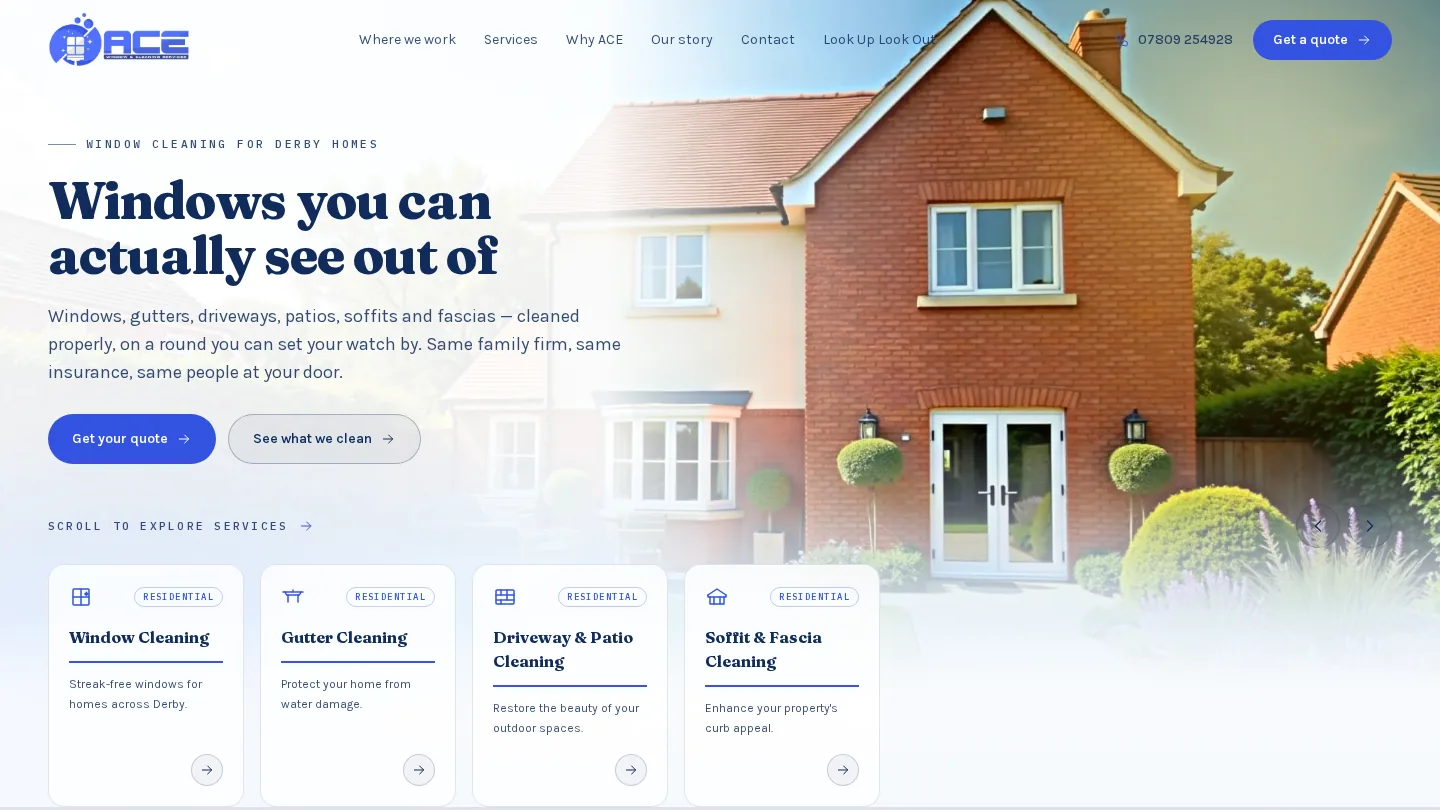 The ACE Window & Cleaning homepage, designed and built by Dalton Digital