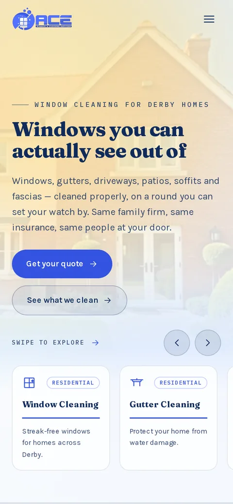The ACE Window & Cleaning website on a phone