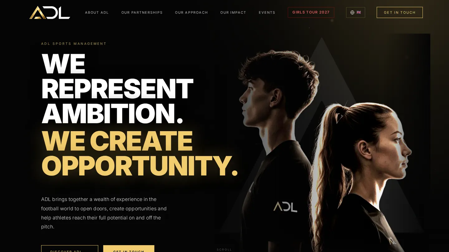 The ADL Sports Management homepage, designed and built by Dalton Digital
