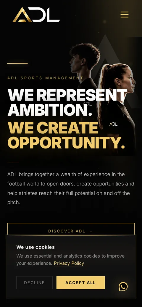 The ADL Sports Management website on a phone