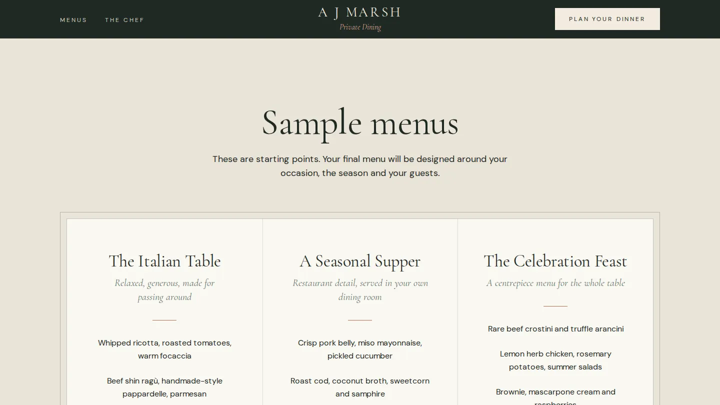A J Marsh Private Dining: Sample menus set like a printed menu card