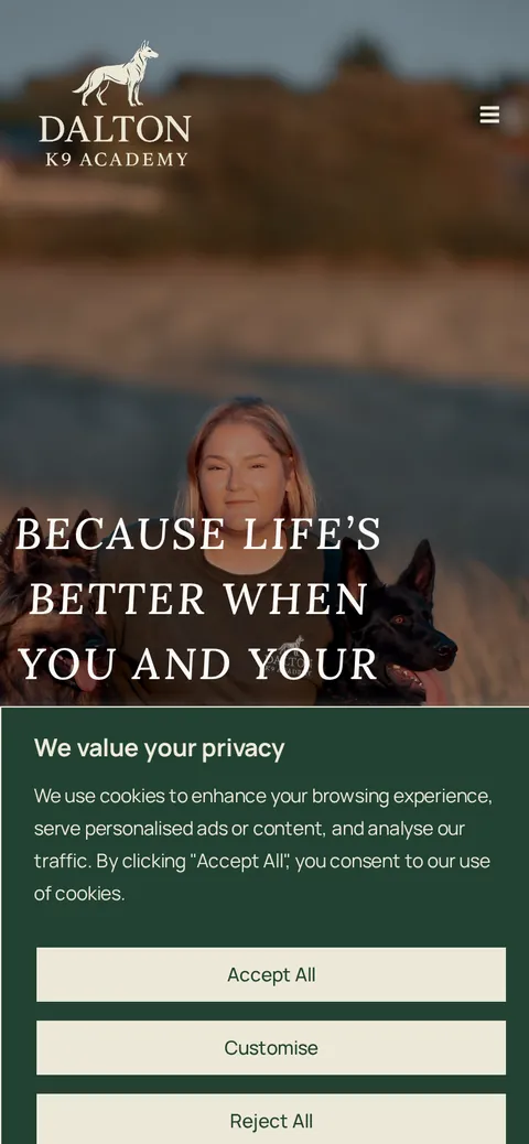 The Dalton K9 Academy website on a phone