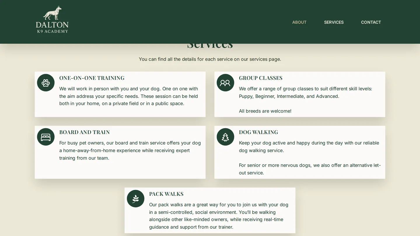 Dalton K9 Academy: The five services, each with what it actually involves