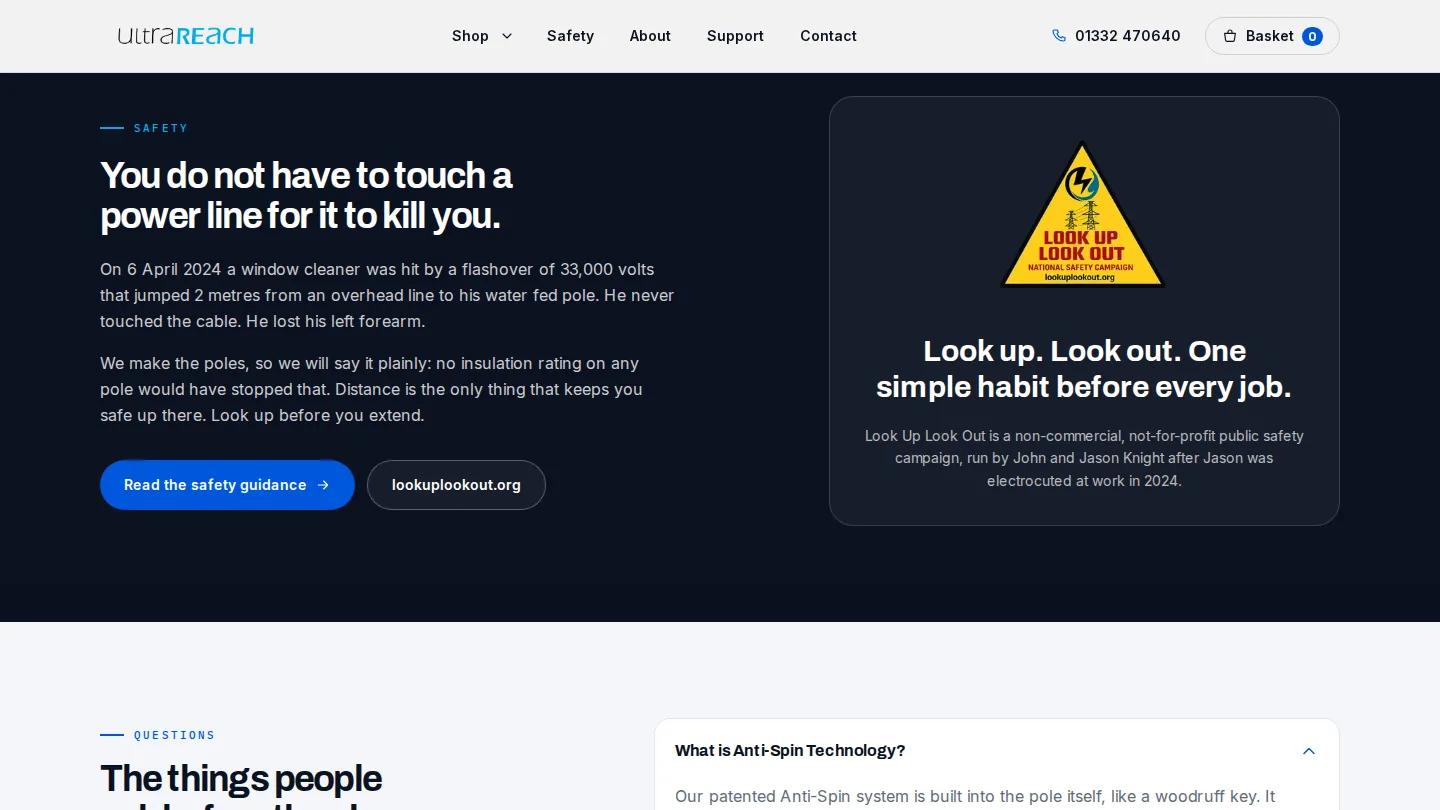UltraReach: Power-line safety on the homepage, alongside Look Up Look Out
